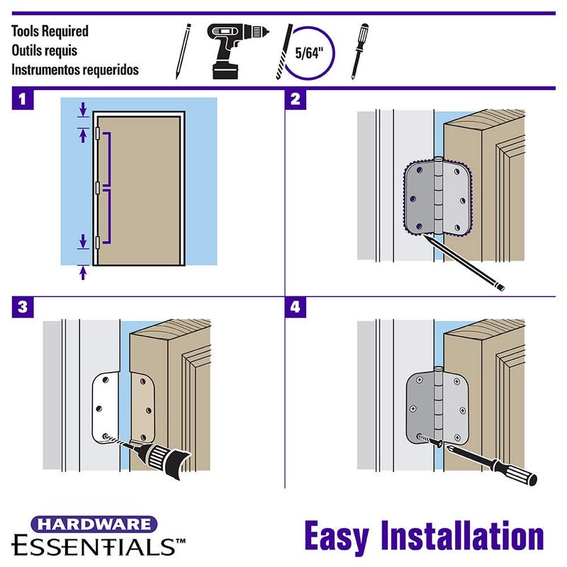 HARDWARE ESSENTIALS أساسيات الأجهزة 854323 مفصلات أبواب مقاومة للصرير بزاوية ناعمة من النيكل المصقول 3-1/2" (5 عبوات) - Image 5